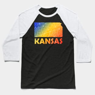 Colorful mandala art map of Kansas with text in blue, yellow, and red Baseball T-Shirt